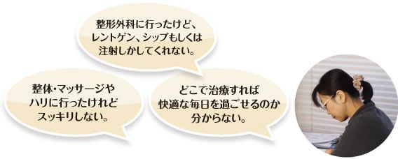 ・整形外科に行ったけど、レントゲン、シップもしくは注射しかしてくれない。　・整体・マッサージやハリに行ったけれどスッキリしない。　・どこで治療すれば快適な毎日を過ごせるのか分からない。